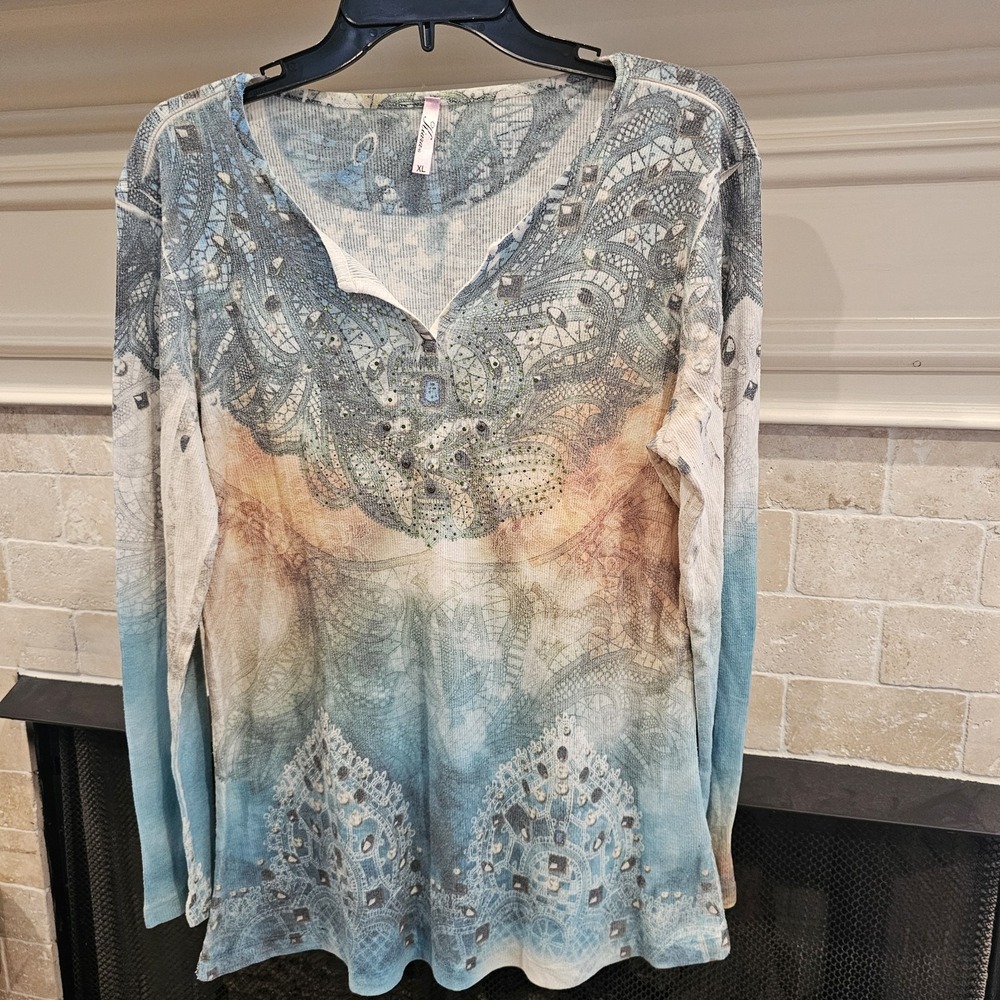 Kiara Crystal Lace Embellished Boho Top XL Blue Yellow Rhinestone Y2K